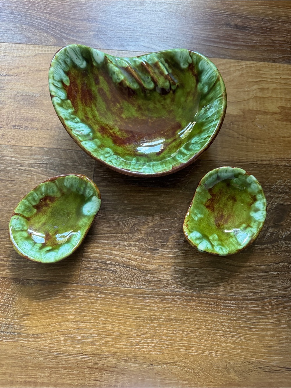 Handmade vintage ashtray with 2 matching dishy Green Ceramic Bowl Set